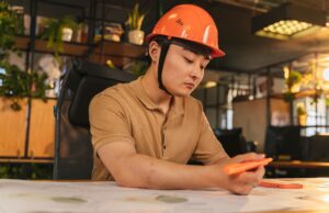 The Government Is Open. Federal Contractors Are Still Budgeting in the Dark. Young architect wearing helmet working on blueprint in modern office.