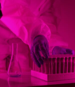 pexels-photo-8533136 Scientist in a lab coat handling test tubes under pink lighting, using a microscope.