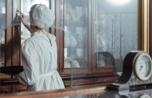 Dr. Jekyll’s Experiment: What Stevenson Understood About Scientific Responsibility A woman in vintage attire retrieves items from a pharmacy cabinet.