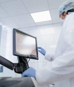 pexels-photo-9574516 Woman in lab coat using touchscreen monitor in a modern laboratory setting.